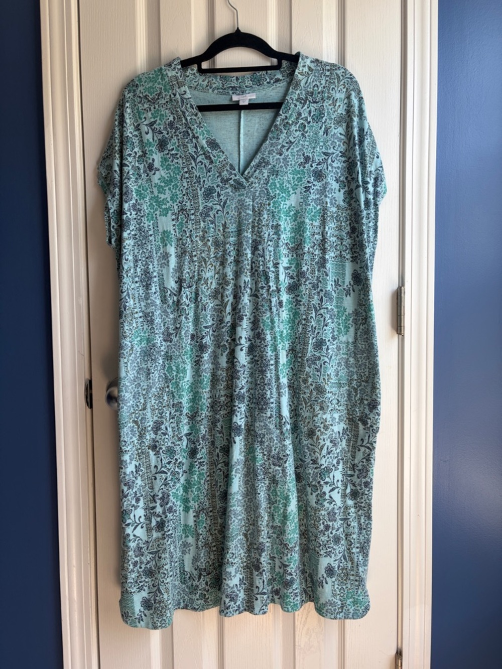J. Jill Jersey Knit Floral V-Neck Midi Dress Size XL Light Aqua